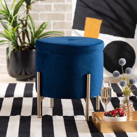 Malina Glam And Luxe Navy Blue Velvet Upholstered And Gold Finished Metal Storage Ottoman